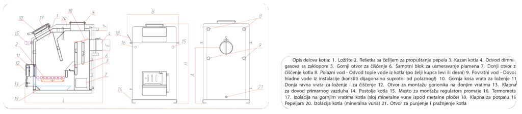 Tehnički crtež kotla sa opisom delova.